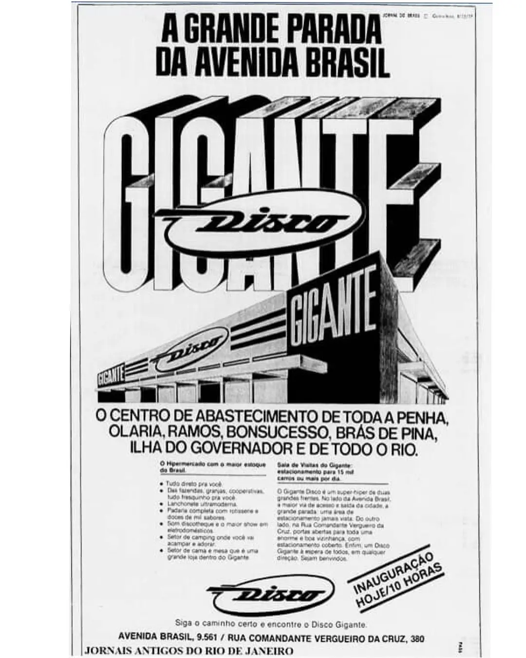Cartaz anunciando a inauguração do supermercado Gigante Disco na Avenida Brasil.