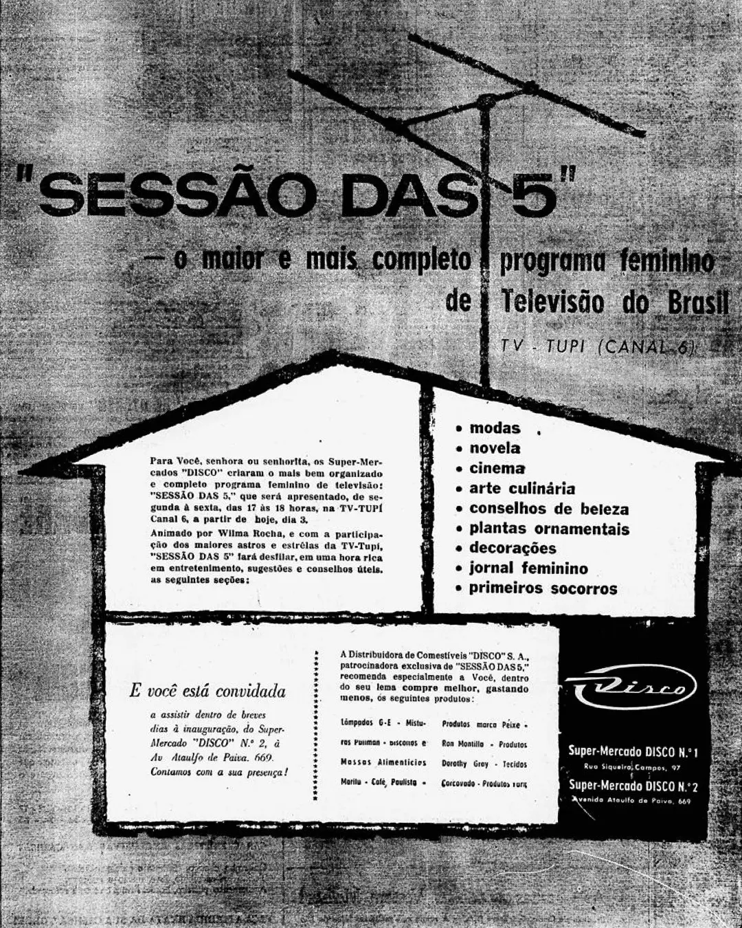 Cartaz publicitário em preto e branco anunciando o programa "Sessão das 5" da TV Tupi.