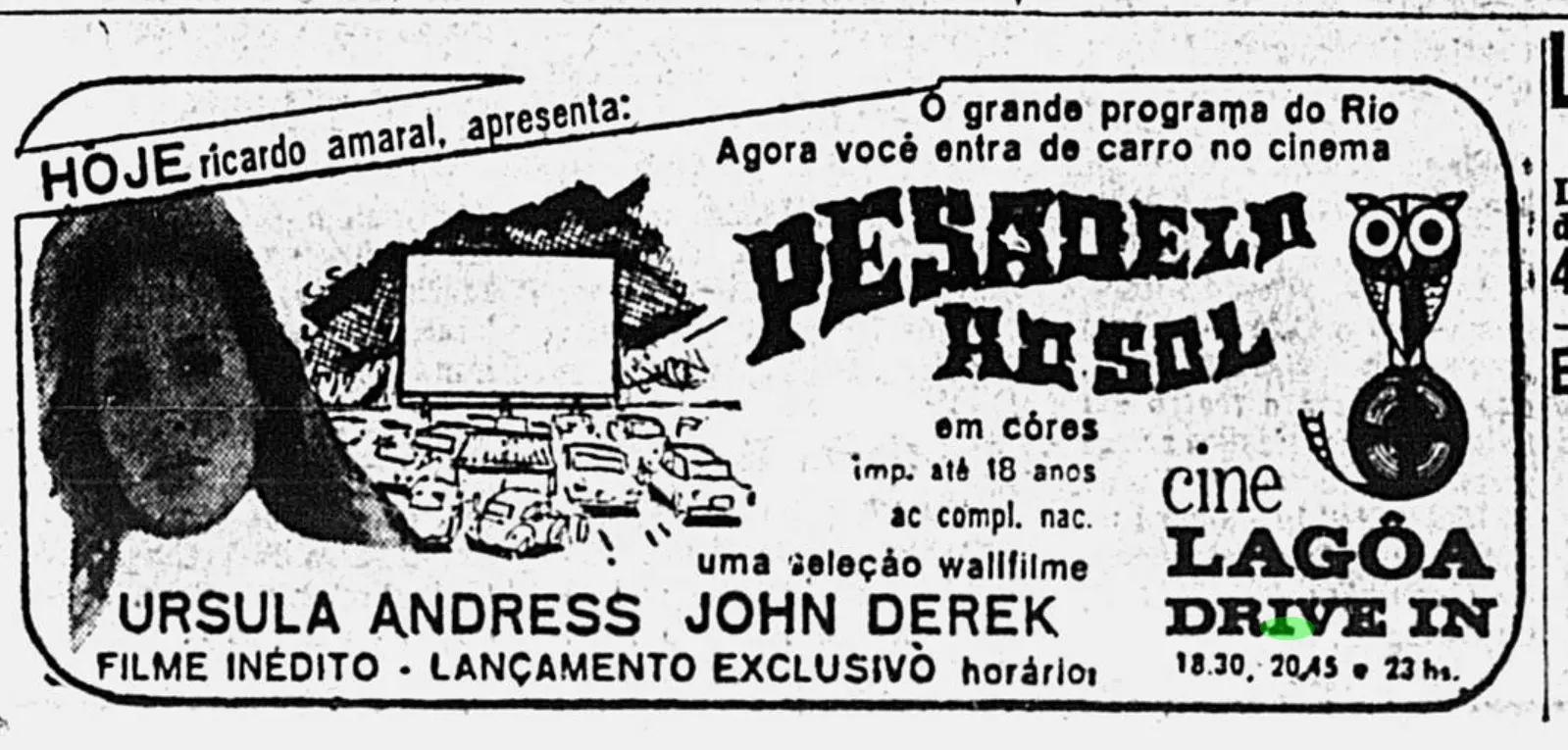 Cartaz preto e branco anunciando filme "PESADELO AO SOL" com informações sobre lançamento exclusivo.