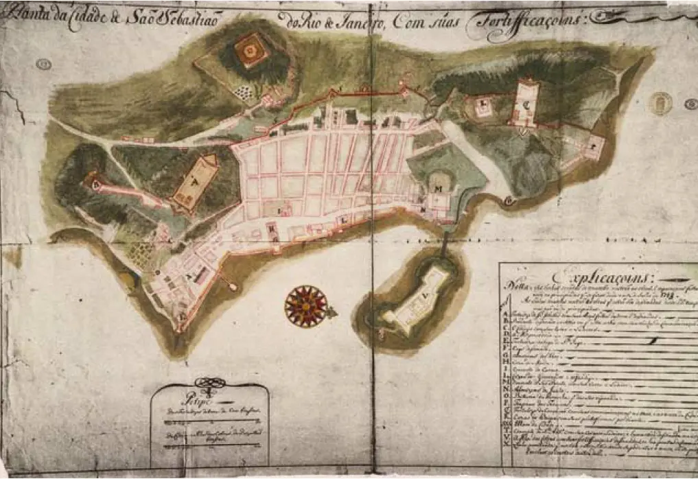 Mapa antigo de São Sebastião do Rio de Janeiro, mostrando fortificações e ruas.