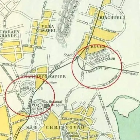 Mapa antigo com destaque para Derby Club, Jockey Club e Rocha/São Cristóvão.