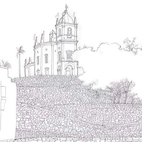 Monumento histórico em preto e branco com torre central e árvores.