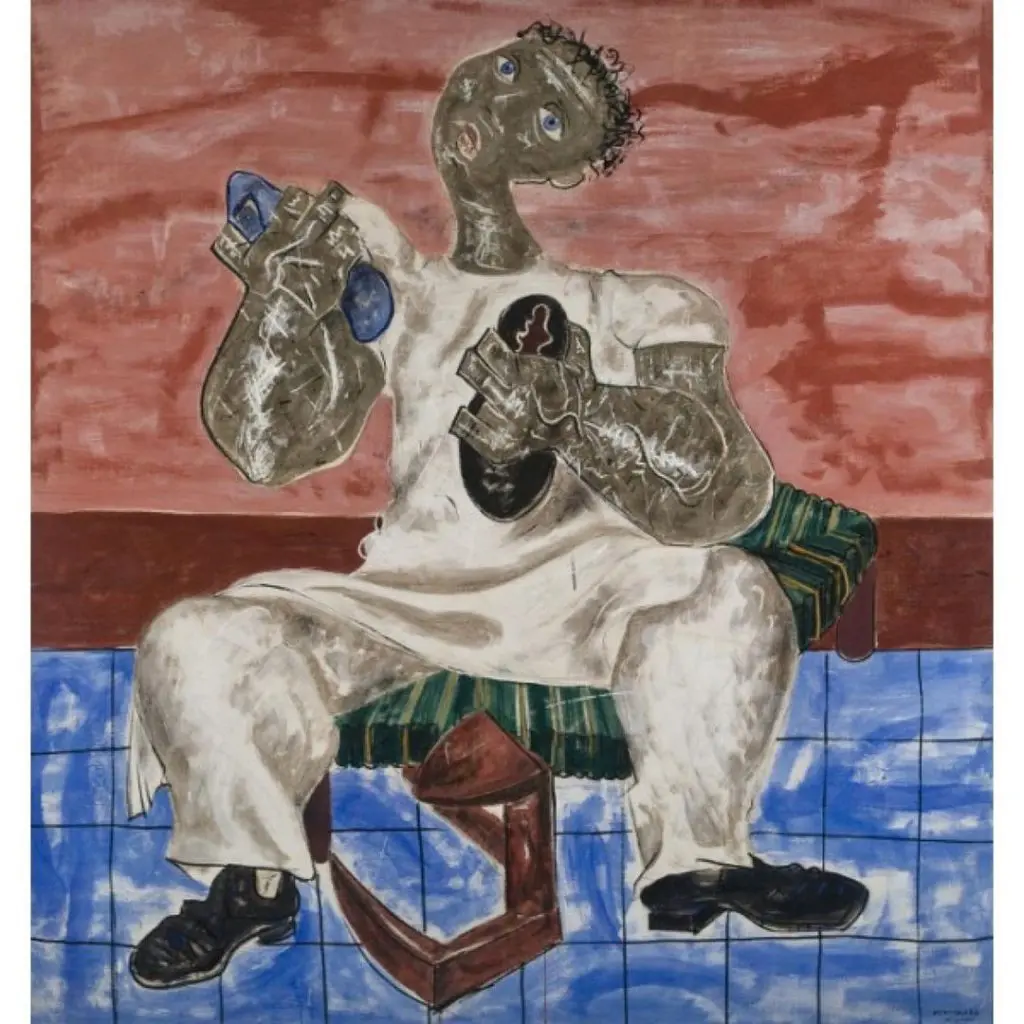 Pintura de indivíduo sentado em cadeira, fundo vermelho e azul, camiseta branca e calças verdes listradas, pés descobertos em quadrado vermelho, chão azul com padrão geométrico.