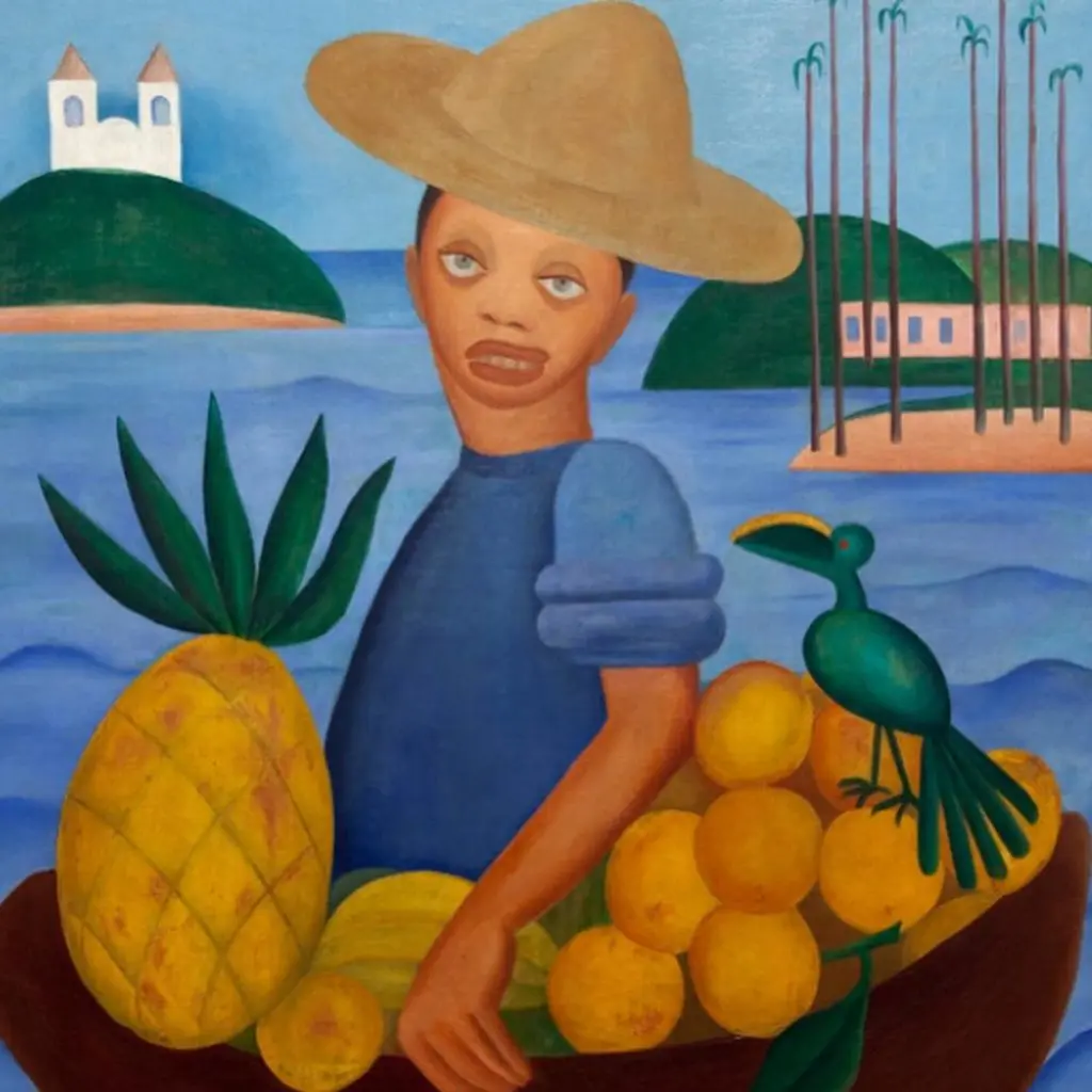 Homem com cesta de frutas, abacaxi e laranjas, palmeiras e ilhas ao fundo.