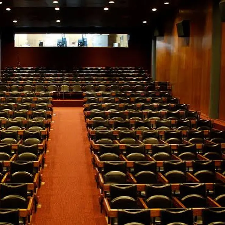 Auditório com cadeiras pretas em triângulo, palco ao fundo, iluminação de spotlights.