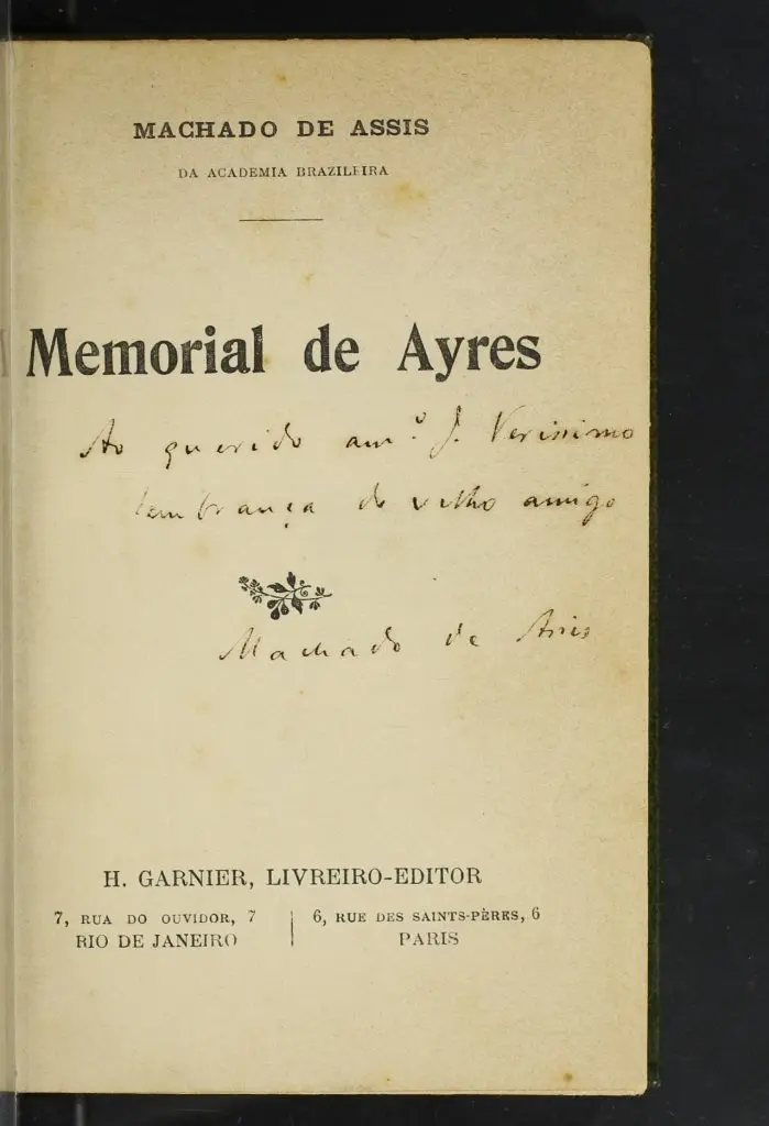 Capa de "Memorial de Ayres" com dedicatória à Verimimo.
