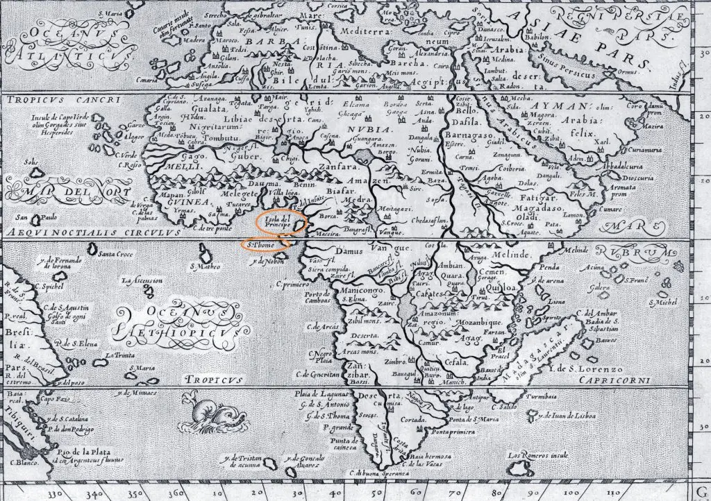 Mapa antigo com o Oceano Atlântico e o Oceano Índico.