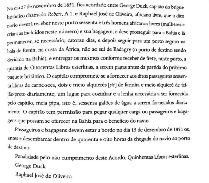 Documento escrito em 1851 detalhando um acordo sobre a entrega de pessoas africanas livres.