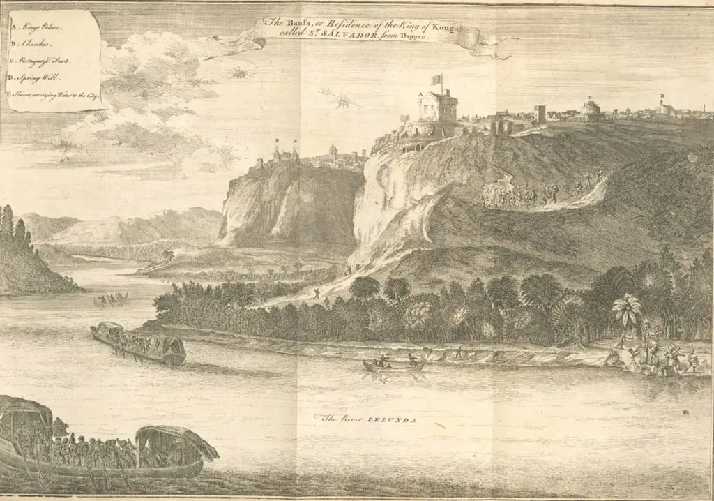 Gravura histórica com rio, árvores, fortaleza e estrada.