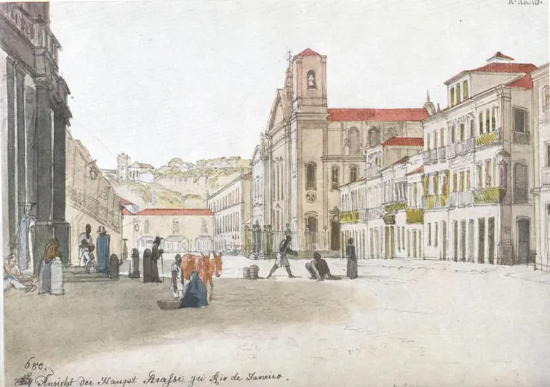 Pintura de Rio de Janeiro com ruas, pessoas, burro, igreja e casas.
