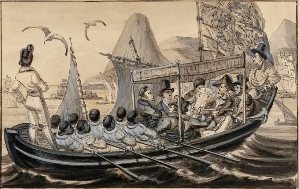 Barco em movimento com figura de homem segurando o timão.
