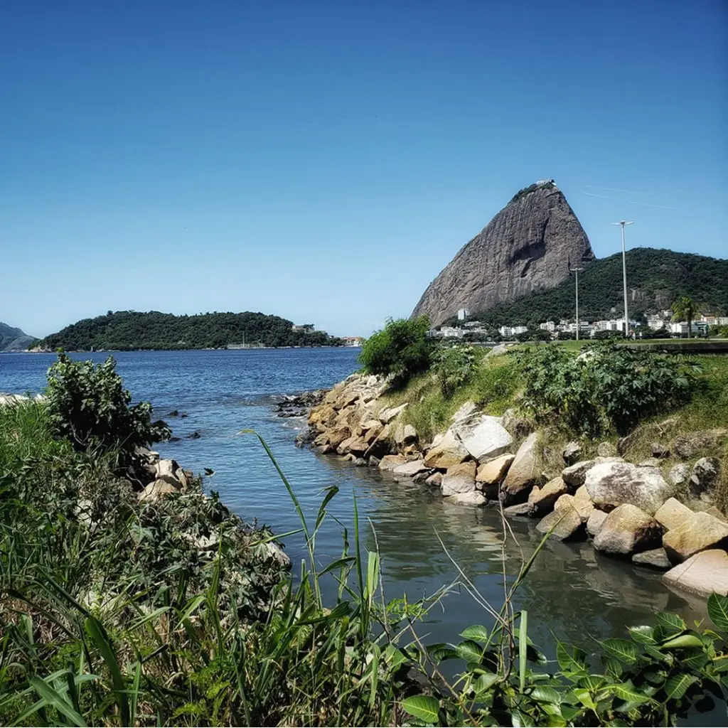 Paisagem costeira com céu azul, ilha verde, rocha escarpada e vegetação densa.