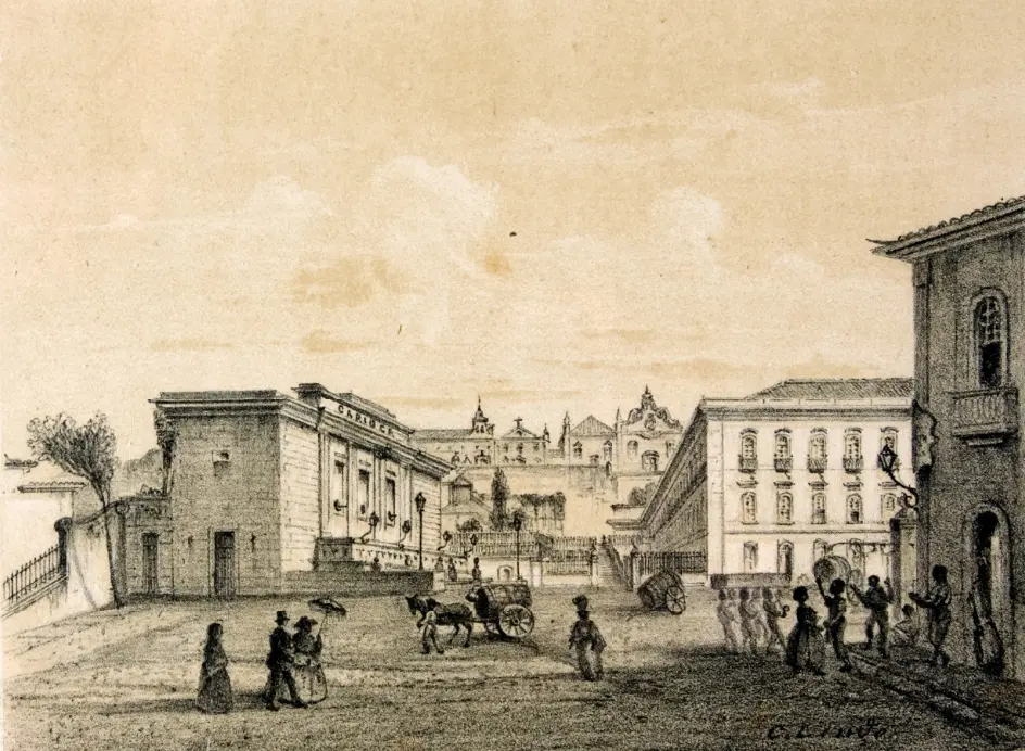 Gravura urbana com edifícios históricos e pessoas caminhando.