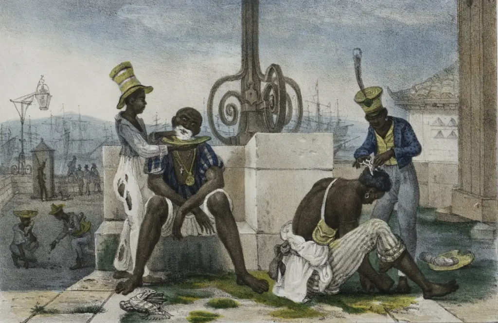 Pintura urbana com figuras humanas e navios em porto.