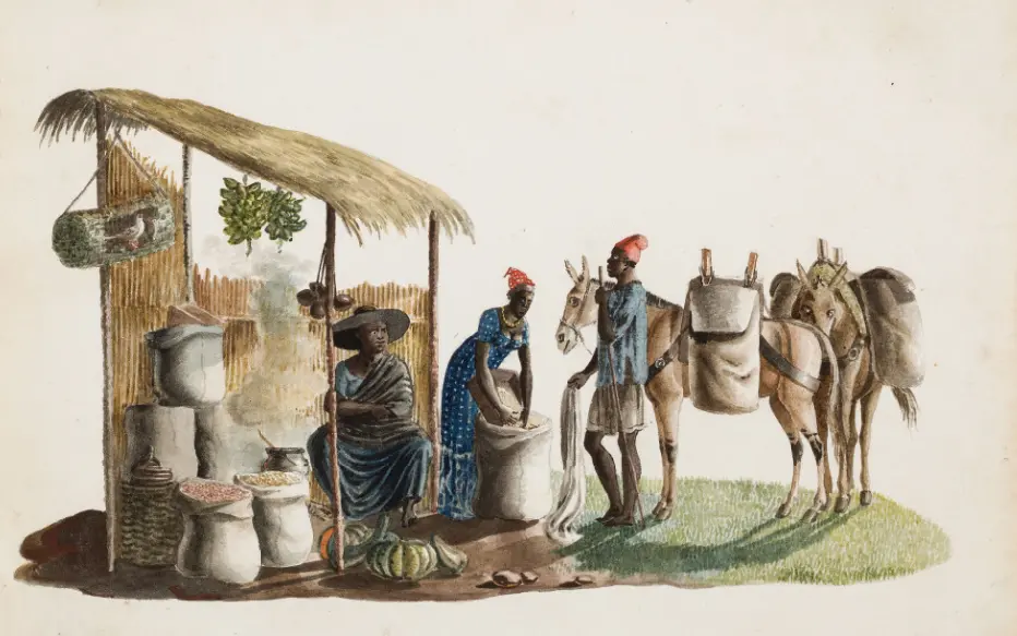 Pintura de mercado com barraca de cerâmica e vegetais, mulheres sentadas e burros carregando sacos.