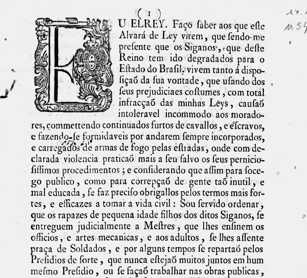 Página histórica com escudo heráldico e texto alinhado à direita.