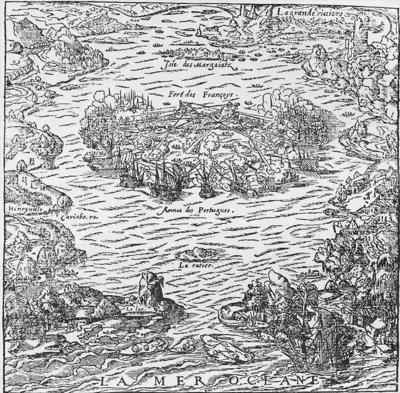 Gravura marítima com navios em confronto e ilhas costeiras.