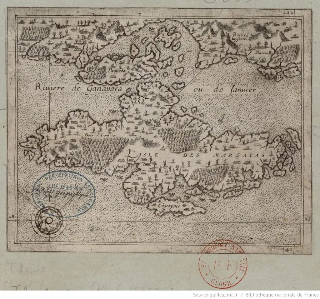 Gravura antiga de ilha com áreas densamente povoadas e extensão de água.