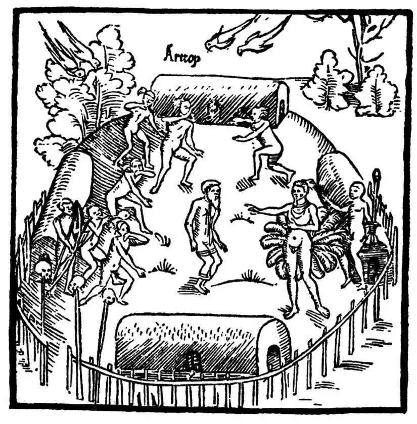 Gravura preto e branco mostrando figuras humanas em um ambiente natural com árvore em chamas, pessoas sentadas e caminhando, estrutura arredondada com figura deitada, aves voando e a palavra "Arroop".