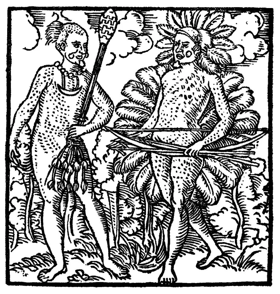 Gravura em preto e branco de dois tupinambás em trajes tradicionais, segurando espada e arco, em cenário natural.