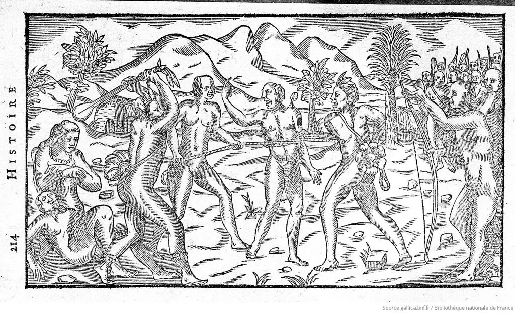 Gravura em preto e branco de figuras humanas em cenário natural, com diálogo e expressões variadas.