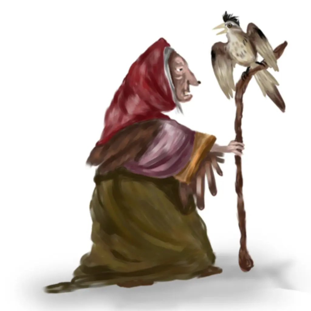 Ilustração colorida de personagem antigo com capa vermelha e manto verde, segurando bengala com ave grande e detalhada.