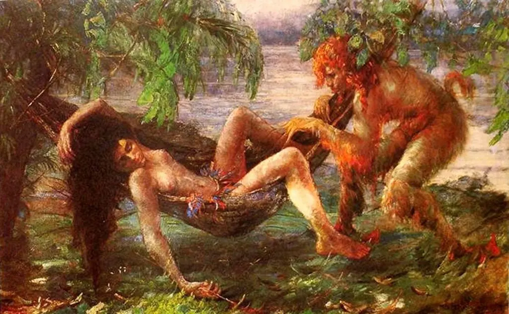 Três figuras humanas em um cenário florestal.