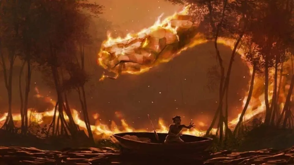 Cena misteriosa com floresta, fogo e barco.