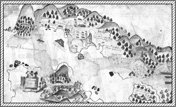 Mapa antigo com fortaleza central e áreas florestadas.