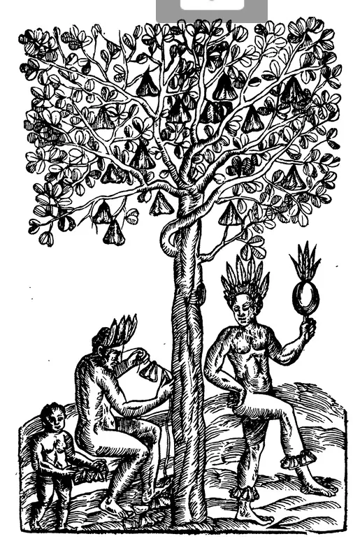 Gravura preto e branco mostrando figuras humanas perto de uma árvore grande.