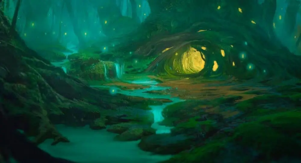 Floresta misteriosa com troncos musgosos, riacho fluindo e orifício amarelo.