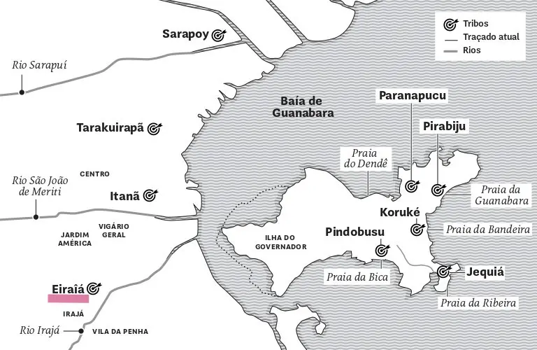 Mapa em preto e branco da Baía de Guanabara, focando em Irajá e seus arredores.