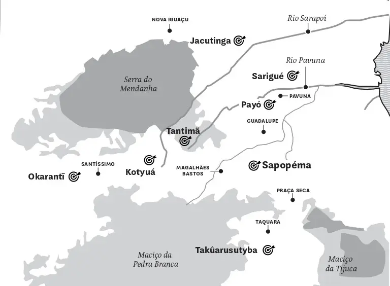 Mapa em preto e branco mostrando localidades do Rio de Janeiro.