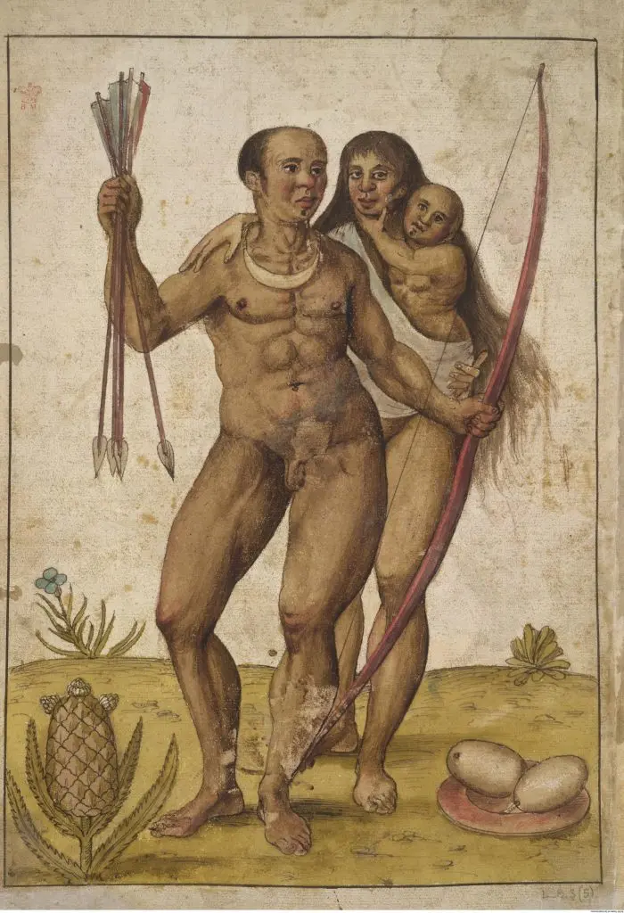 Três figuras humanas com arco e flechas, crianças abraçadas e objetos naturais.