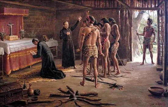 Pintura de cerimônia religiosa com indígenas e sacerdotes.