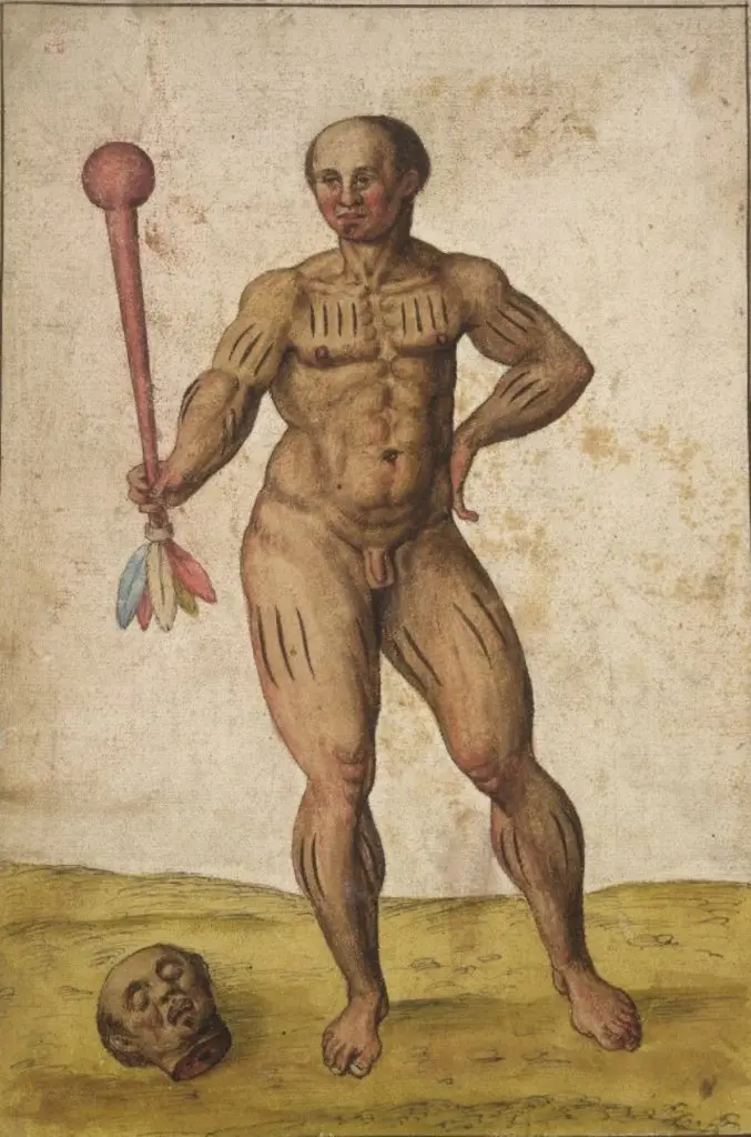 Pintura de personagem humano nu com espada e crânio humano.