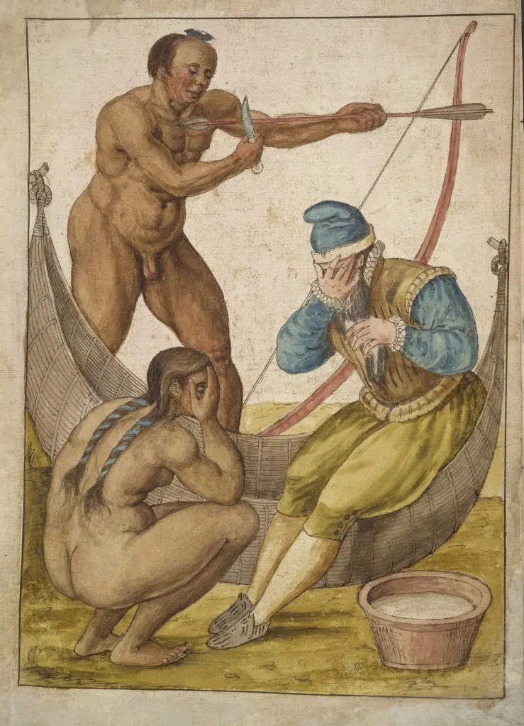 Três figuras humanas em um barco, uma nua com arco e flecha, outra sentada coberta de tecido azul-amarelo, e a terceira sentada usando roupa verde-amarela e chapéu azul.