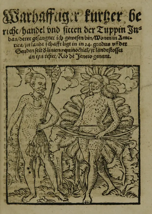 Dois homens tupinambás paramentados, gravura publicada na obra de Hans Staden, 1557. Acervo Fundação Biblioteca Nacional.