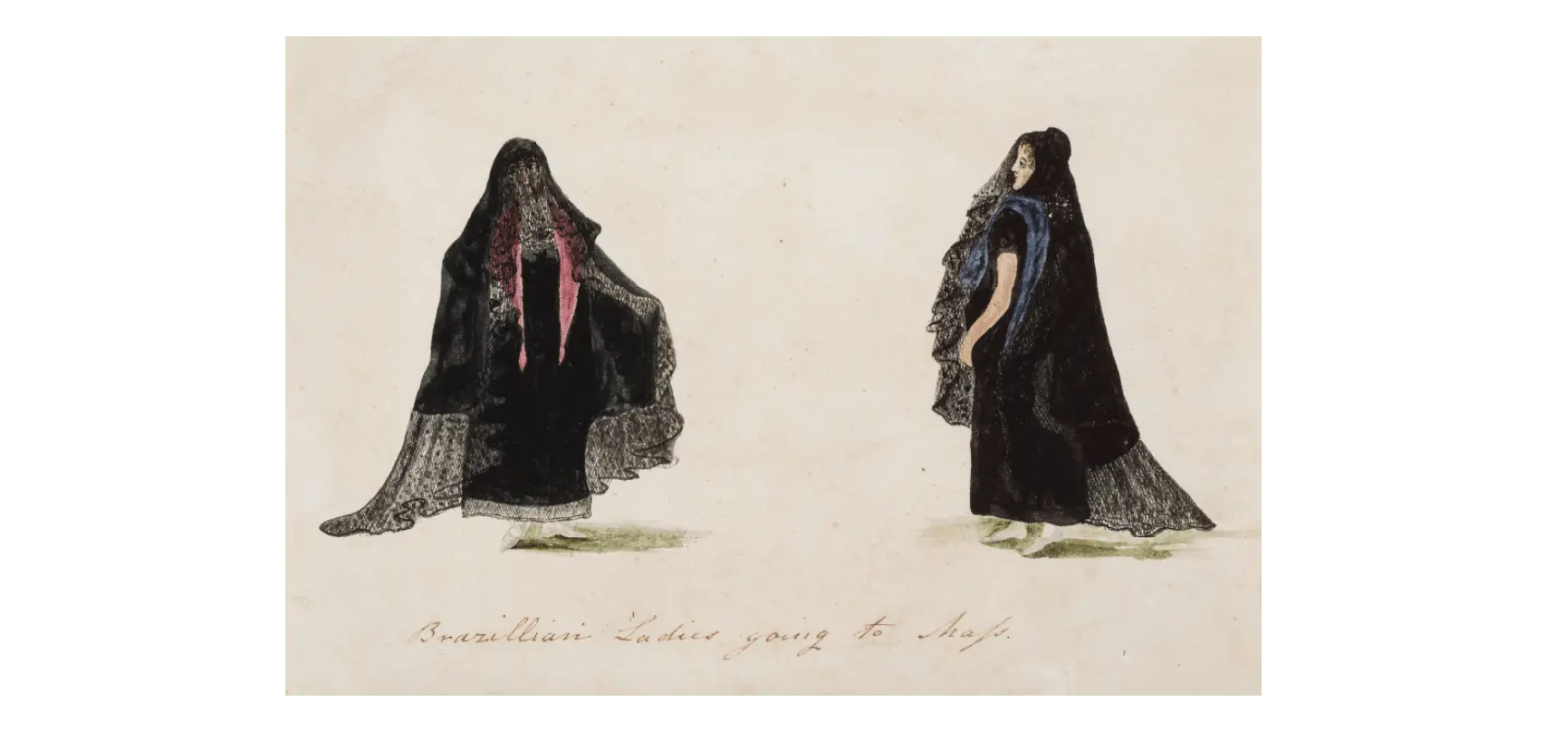 Senhoras brasileiras a caminho da missa, Henry Chamberlain, a partir de desenho de Joaquim Cândido Guillobel, c. 1820