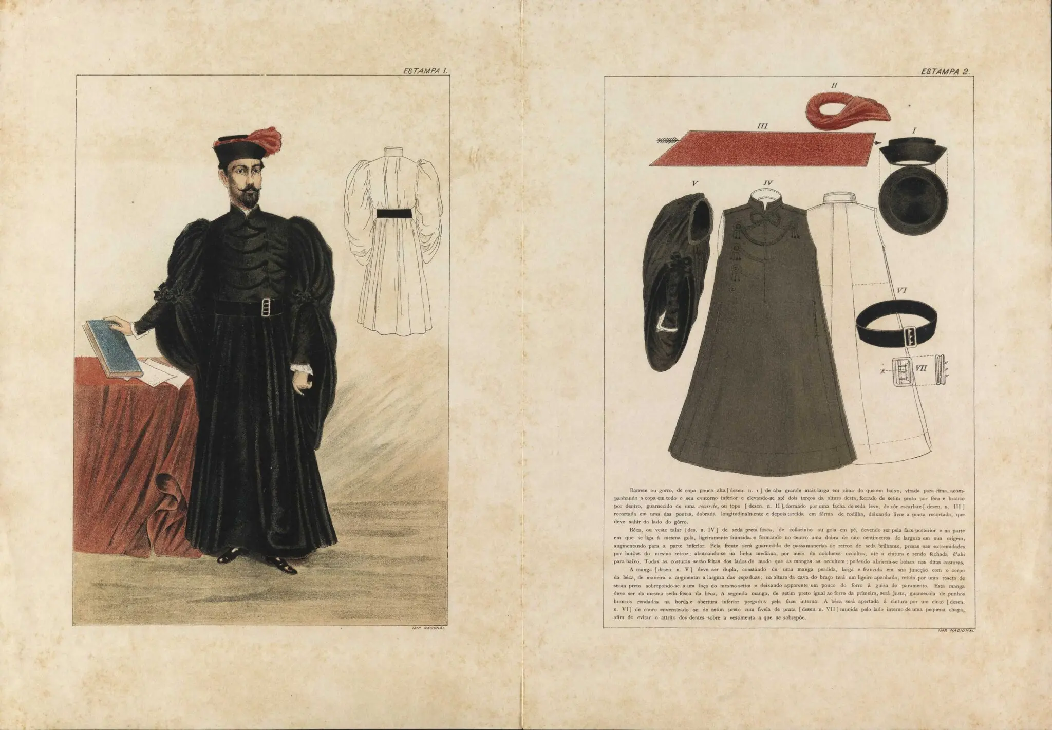 Figurino das becas dos doutores e bachréis em Direito, com a respectiva descrição, 1900. Fundação Biblioteca Nacional [icon1231191]