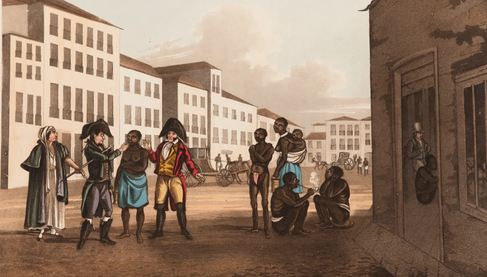 O mercado dos escravos, Henry Chamberlain, 1822. Os donos do poder no Rio de Janeiro dos vice-reis – aqueles que enriqueceram com o tráfico de homens, mulheres e crianças para o Brasil, arrancadas da África para serem escravizadas aqui – usavam roupas coloridas, confeccionadas em seda. Vestiam casaca ou redingote, e colete, gravatinha de renda, calças-curtas (ou calções), que modelavam a coxa, meias e sapatos de tacões (sapatos com salto), ornamentados com fivelas suntuosas. Gostavam do chapéu três-bicos, ou tricórnio, e do timão holandês, todo armado de papelão, forrado de seda e em forma de meia lua.