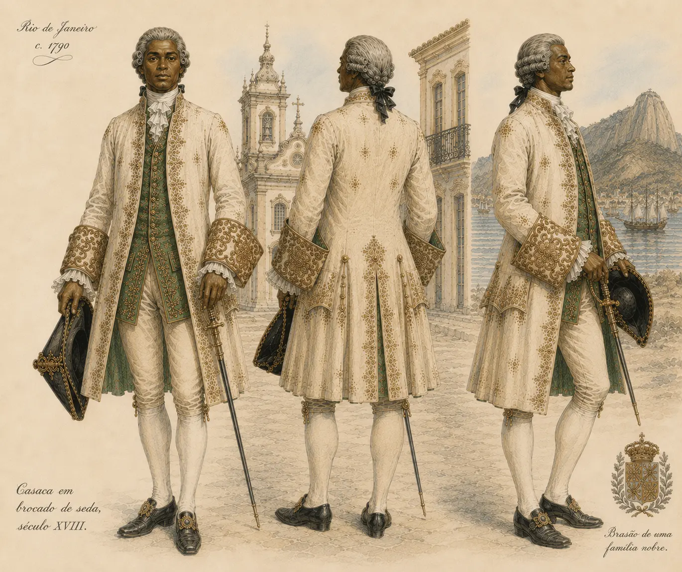 O homem elegante carioca no tempo dos vice-reis veste uma casaca do século XVIII, feita em brocado de seda, que faz parte do acervo do Museu Histórico Nacional