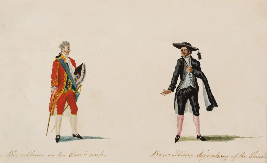Brasileiro em traje de corte e dignatário eclesiástico brasileiro, desenho de Henry Chamberlain, 1819, Acervo da Pinacoteca do Estado de São Paulo