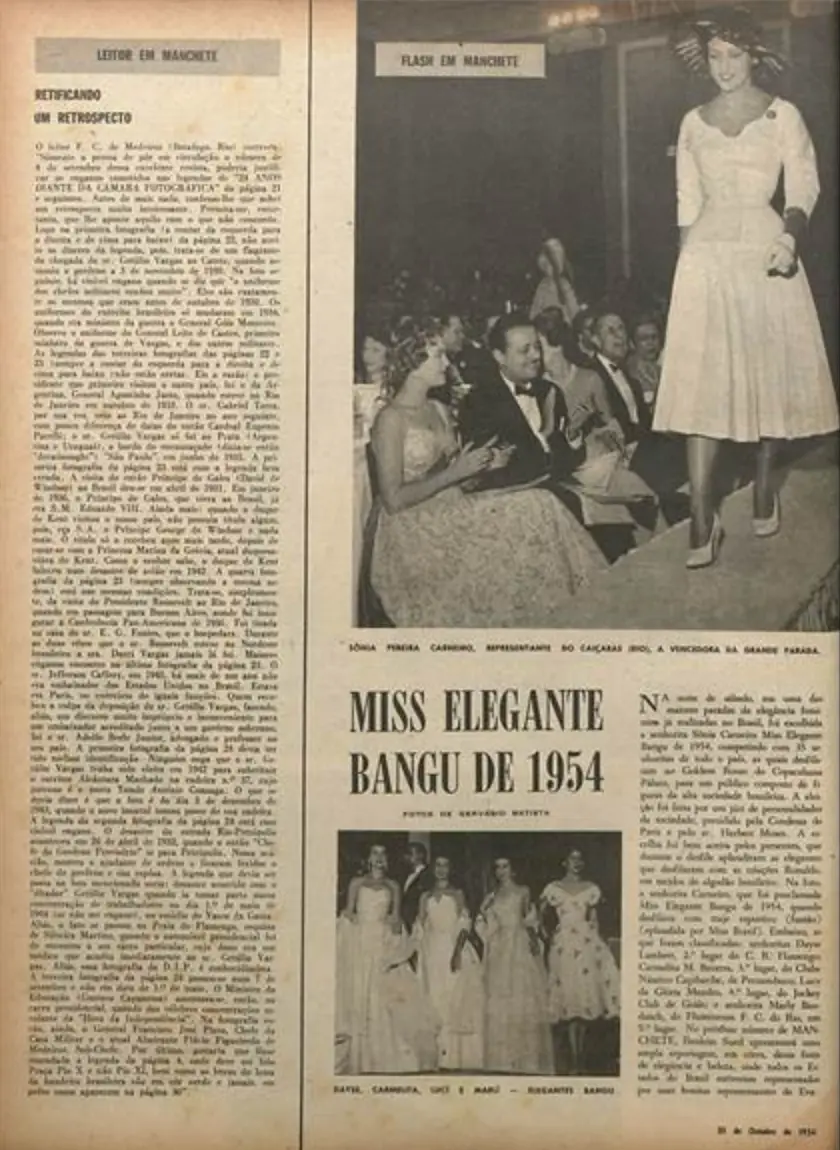 Sônia Pereira Carneiro, eleita a Miss Elegante Bangu de 1954, num flash de Gervásio Batista, Manchete, 30/10/1954