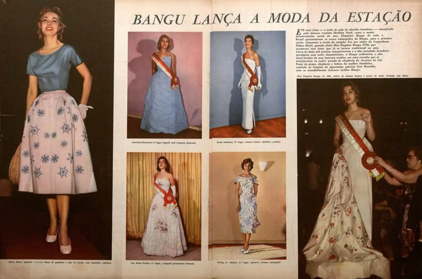 Matéria da revista Manchete que anuncia o resultado do concurso Miss Elegante Bangu 1956. À esquerda, Maria Sônia, a vencedora, usa um traje de passeio, blusa de popeline e saia de fustão, com bordados coloridos. À direita, a Miss Elegante Bangu foi registrada com seu vestido de baile, de otoman branco, e casaco de cetim, bordado com flores.