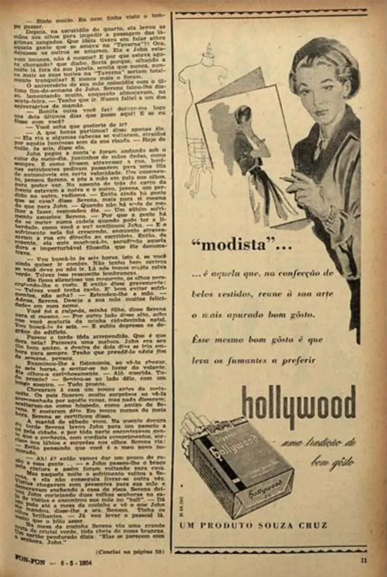 Página da revista Fon-Fon com anúncio do cigarro Hollywood: “Modista… é aquela que, na confecção de belos vestidos, reune à sua arte o mais apurado bom gosto. Esse mesmo bom gosto é que leva os fumantes da preferir Hollywood, uma tradição de bom gosto”; Fon-Fon, 08/05/1954
