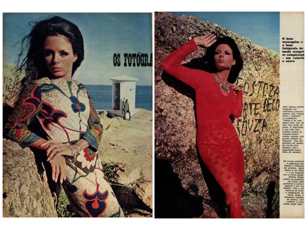 Mária de Fátima, “o mais famoso manequim brasileiro do momento”, posou para Hélio Santos usando roupas da butique Laís, que o próprio fotógrafo escolheu. “Fátima é de uma beleza forte que vai bem com fundo de pedra. O importante é que tudo seja simples, porque as ousadias podem revelar, apenas, uma grande vaidade do fotógrafo”, ele afirmou. À direita, Fátima está com um vestido de crochê coral e maquiagem suave feita por Rita, do Jambert. “Os fotógrafos fazem a moda”, reportagem de Laís Gama e Silva, revista Manchete, 30/03/1968