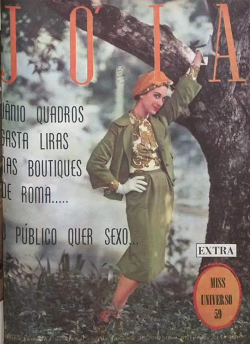 A modelo Ilka Soares com um modelo de Elza Haouche na capa da revista Joia, foto de Vincent Ciantar, 15/07/1959