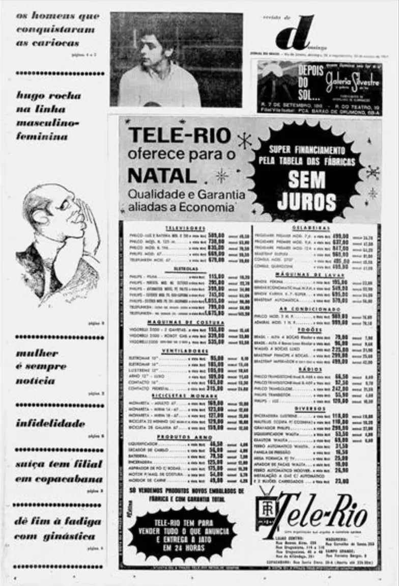 Desenho de Hugo Rocha, representado com gola rulê e paletó, “Hugo Rocha na linha masculino-feminino”, na capa da Revista de Domingo do Jornal do Brasil, 29/10/1967