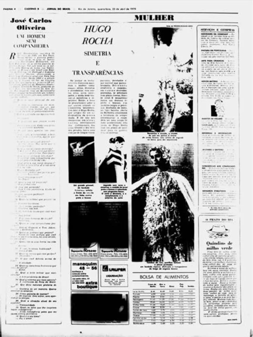 Simetria e transparências nos modelos da coleção de Hugo Rocha lançada em abril de 1975, fotos de Fréderic-Richard Borg, Caderno B, Jornal do Brasil, 23/04/1975
